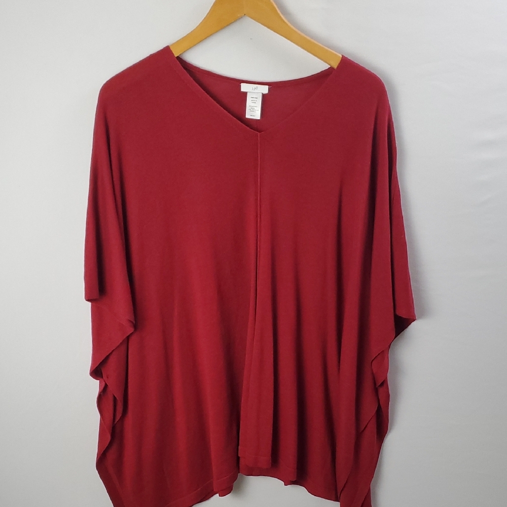 J Jill (One Size) Red Merino Wool Tencel Knit Poncho Sweater V-Neck Boho Beach